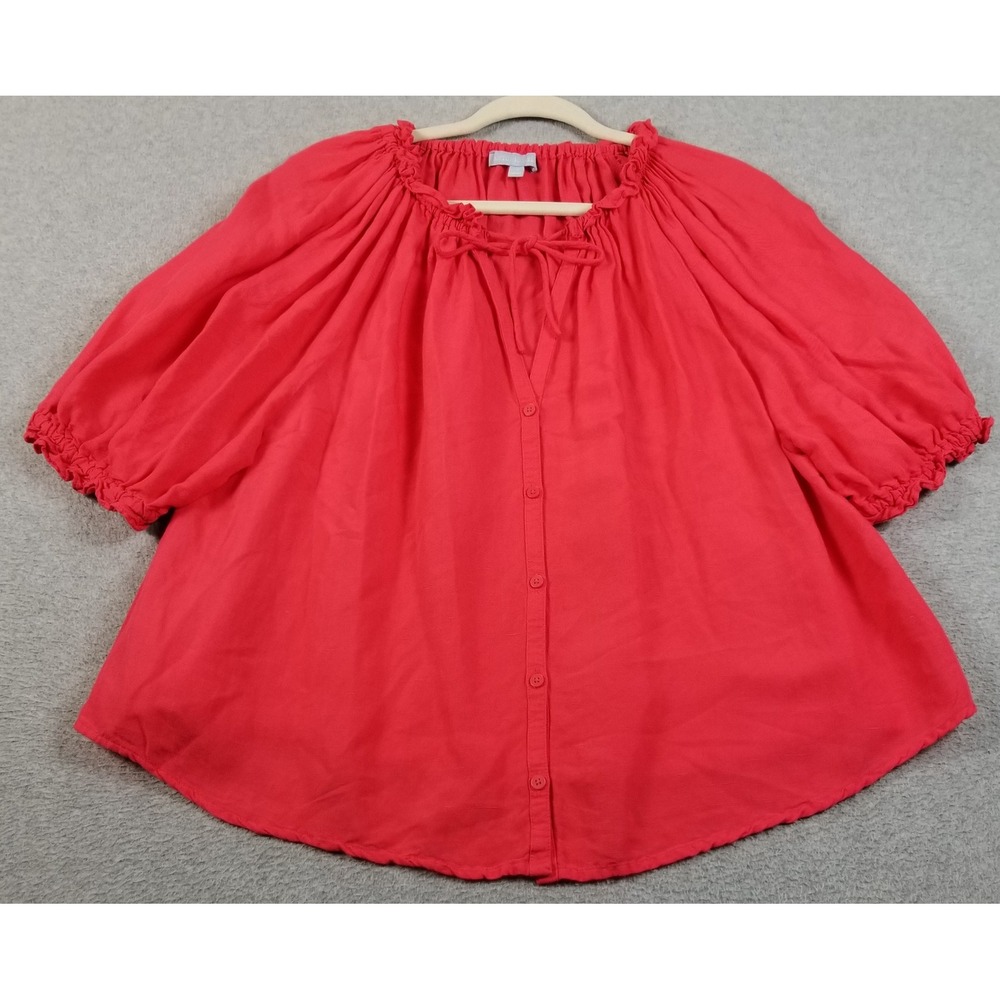 Antonio Melani Blouse Women XL Pink Linen Blend Puff Sleeve See Through Boho Top